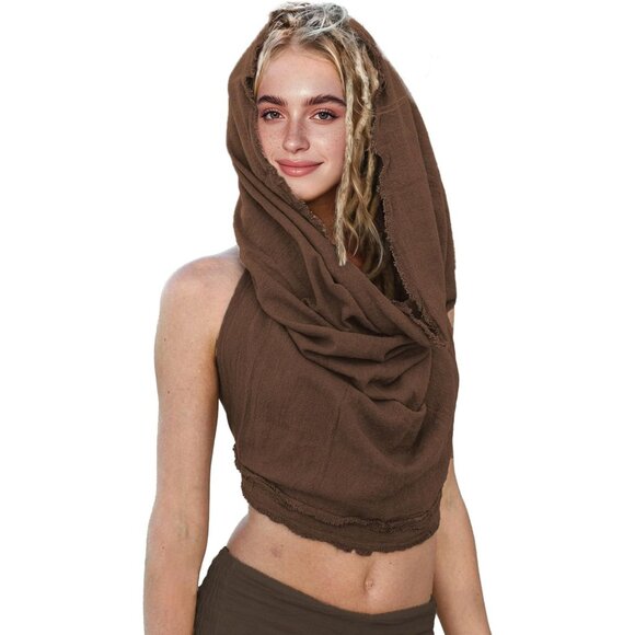 ⚡Women's Dark Brown Crop Tank Boho Open Back Cross Wrap Swim Cover Up Top - Picture 1 of 7